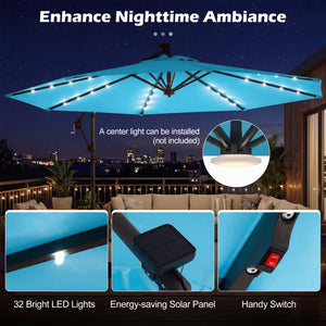 10 FT Solar LED Offset Cantilever Patio Umbrella Hanging Outdoor Market Umbrella-Turquoise