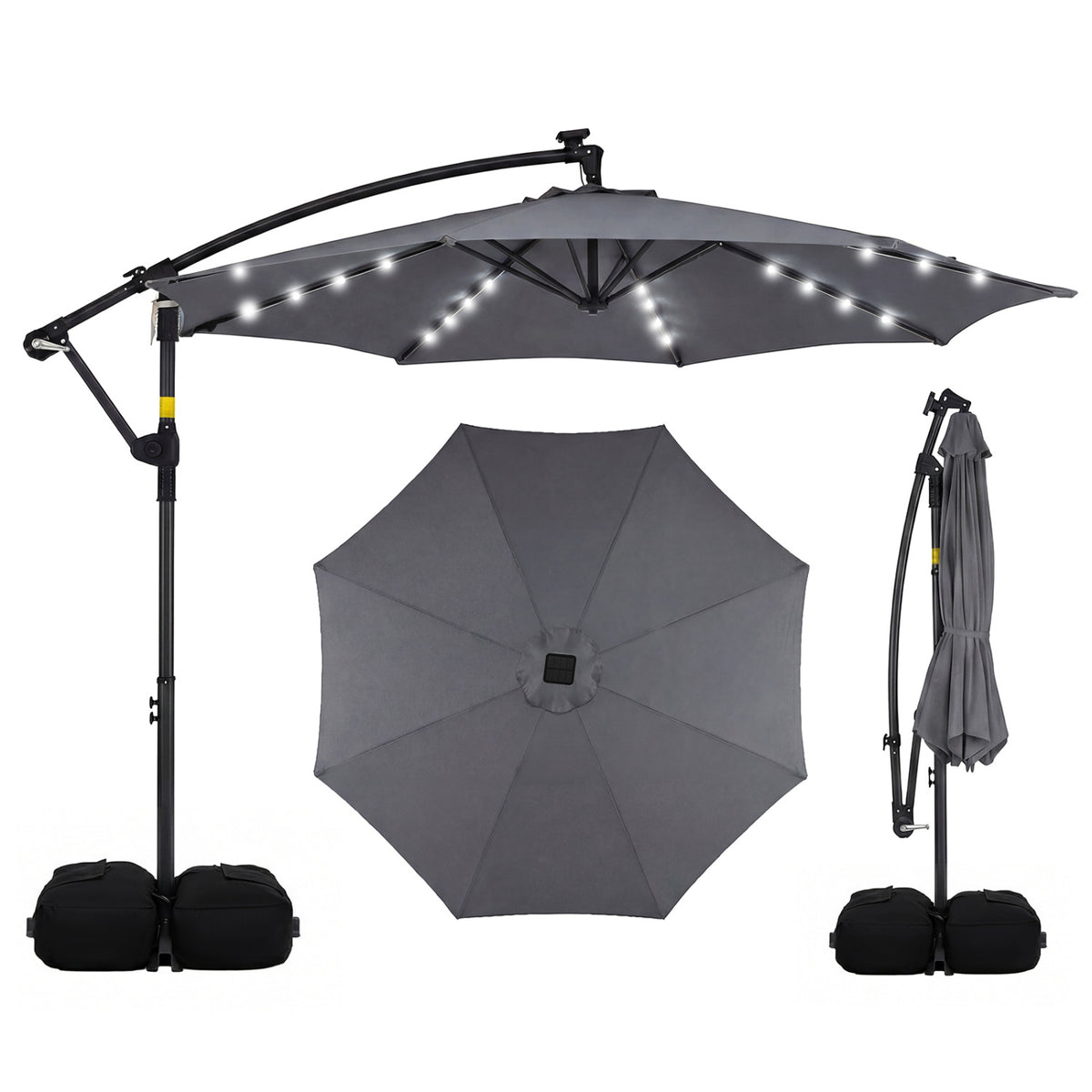 10 FT Solar LED Offset Cantilever Patio Umbrella Hanging Outdoor Market Umbrella-Gray