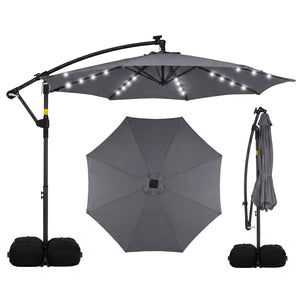 10 FT Solar LED Offset Cantilever Patio Umbrella Hanging Outdoor Market Umbrella-Gray