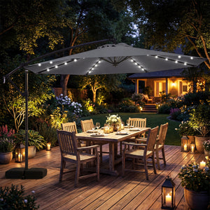 10 FT Solar LED Offset Cantilever Patio Umbrella Hanging Outdoor Market Umbrella-Gray
