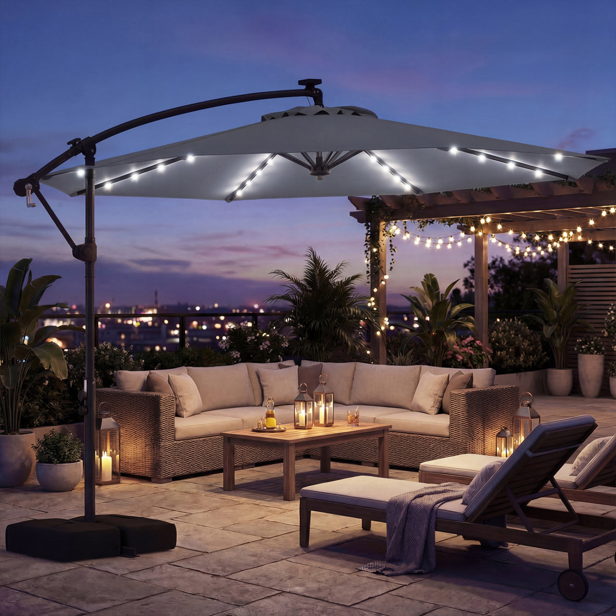 10 FT Solar LED Offset Cantilever Patio Umbrella Hanging Outdoor Market Umbrella-Gray