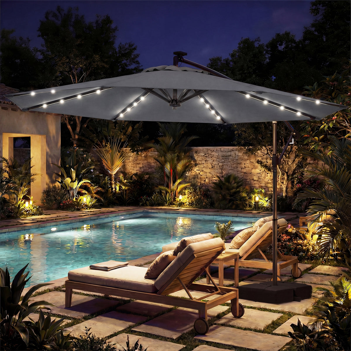 10 FT Solar LED Offset Cantilever Patio Umbrella Hanging Outdoor Market Umbrella-Gray