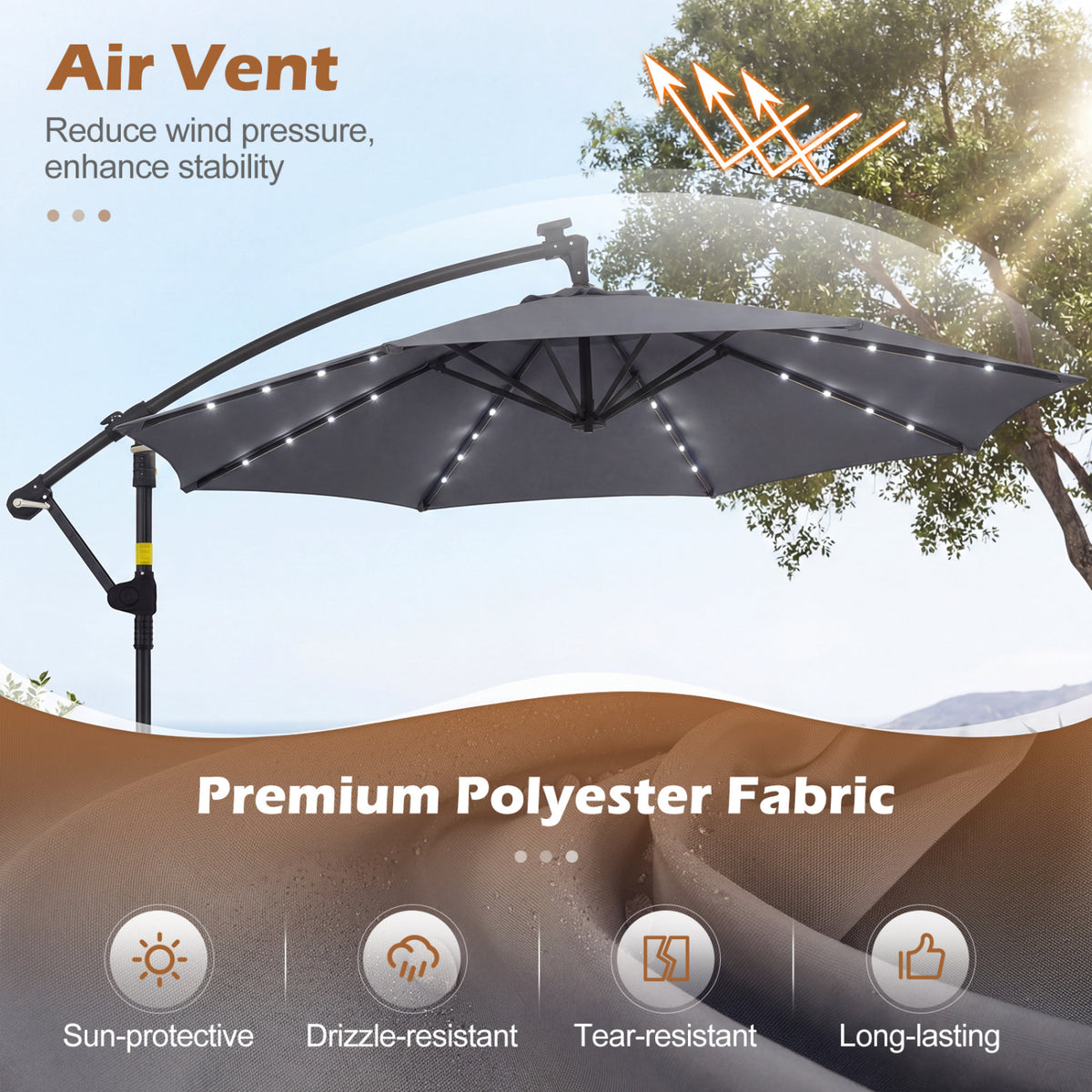 10 FT Solar LED Offset Cantilever Patio Umbrella Hanging Outdoor Market Umbrella-Gray