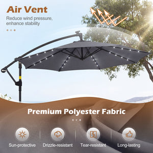 10 FT Solar LED Offset Cantilever Patio Umbrella Hanging Outdoor Market Umbrella-Gray
