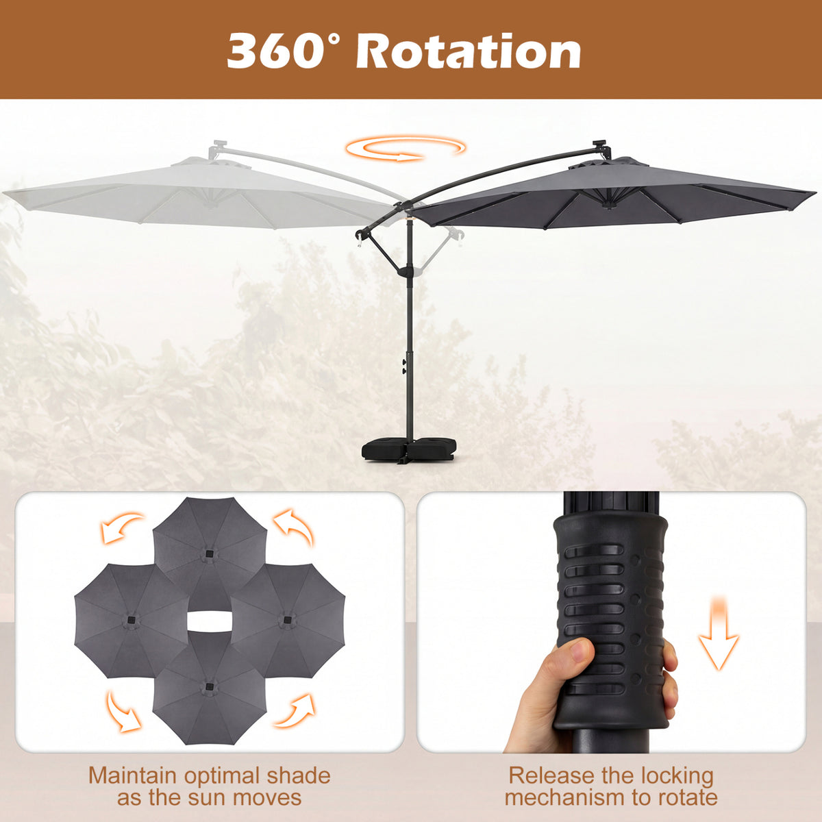 10 FT Solar LED Offset Cantilever Patio Umbrella Hanging Outdoor Market Umbrella-Gray