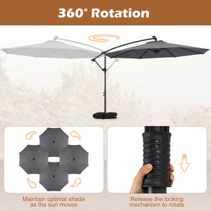 10 FT Solar LED Offset Cantilever Patio Umbrella Hanging Outdoor Market Umbrella-Gray