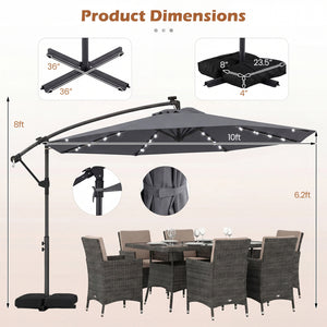 10 FT Solar LED Offset Cantilever Patio Umbrella Hanging Outdoor Market Umbrella-Gray