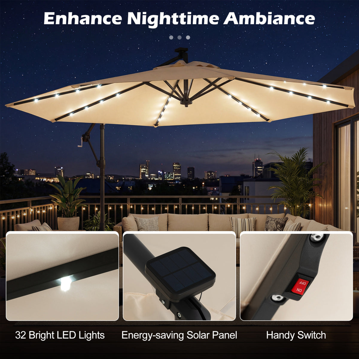 10 FT Solar LED Offset Cantilever Patio Umbrella Hanging Outdoor Market Umbrella-Beige
