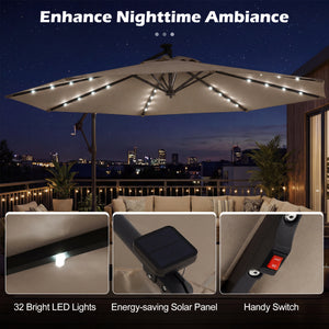10 FT Solar LED Offset Cantilever Patio Umbrella Hanging Outdoor Market Umbrella-Brown