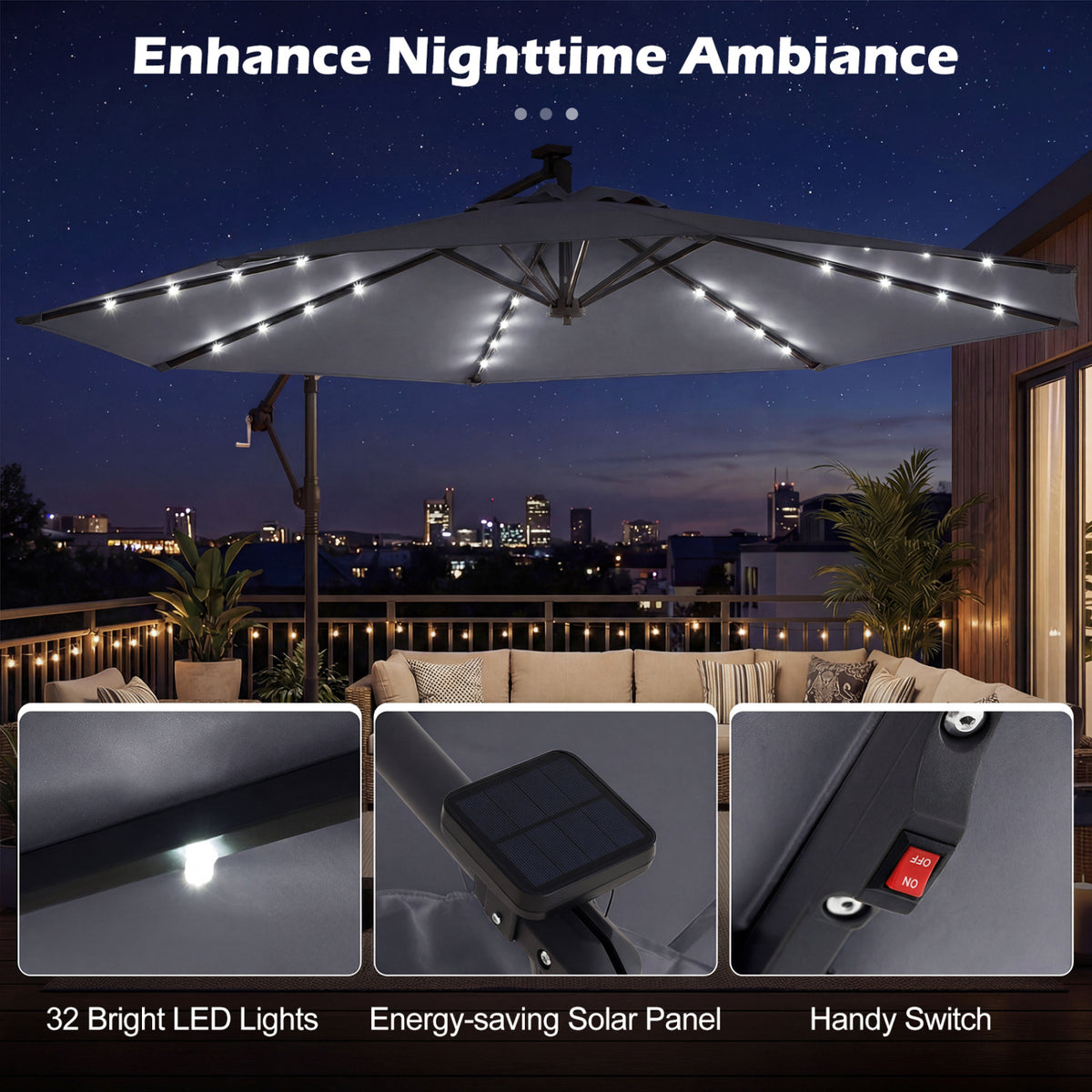 10 FT Solar LED Offset Cantilever Patio Umbrella Hanging Outdoor Market Umbrella-Gray