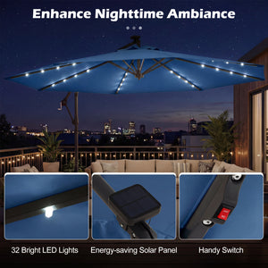 10 FT Solar LED Offset Cantilever Patio Umbrella Hanging Outdoor Market Umbrella-Navy
