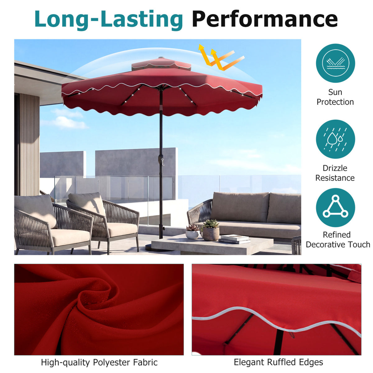 10 FT Solar LED Patio Umbrella for Deck and Pool-Red