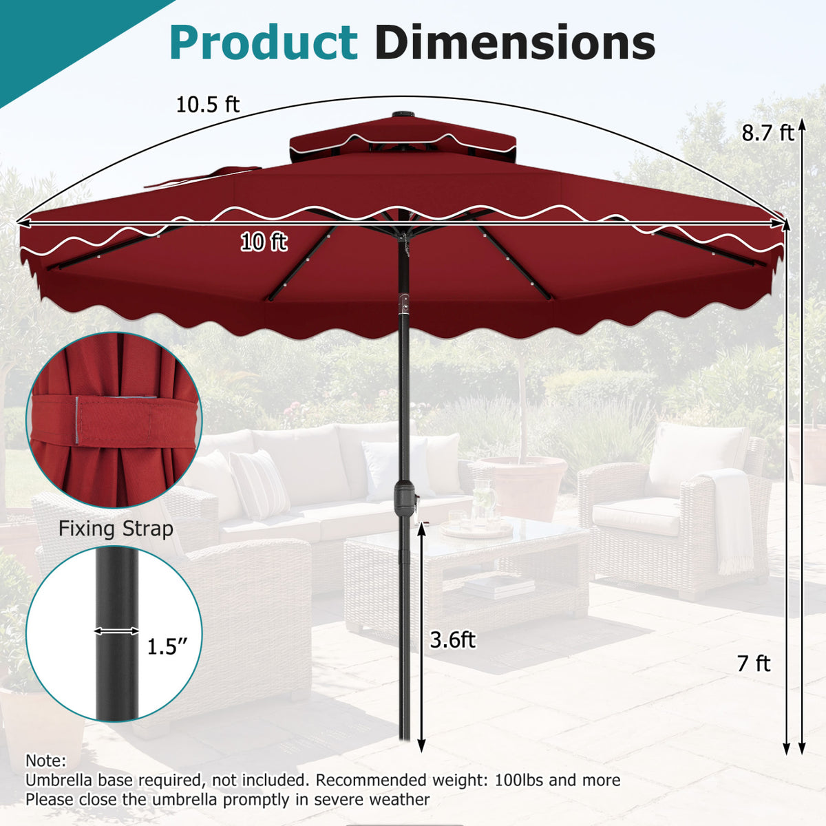 10 FT Solar LED Patio Umbrella for Deck and Pool-Red