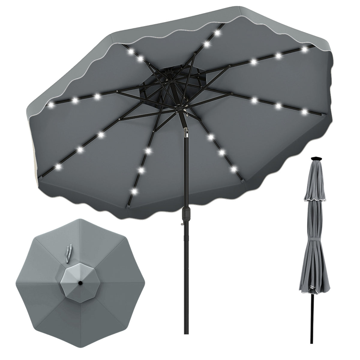10 FT Solar LED Patio Umbrella for Deck and Pool-Gray