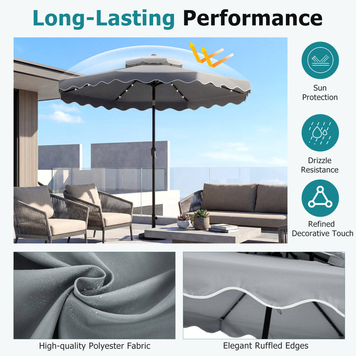 10 FT Solar LED Patio Umbrella for Deck and Pool-Gray