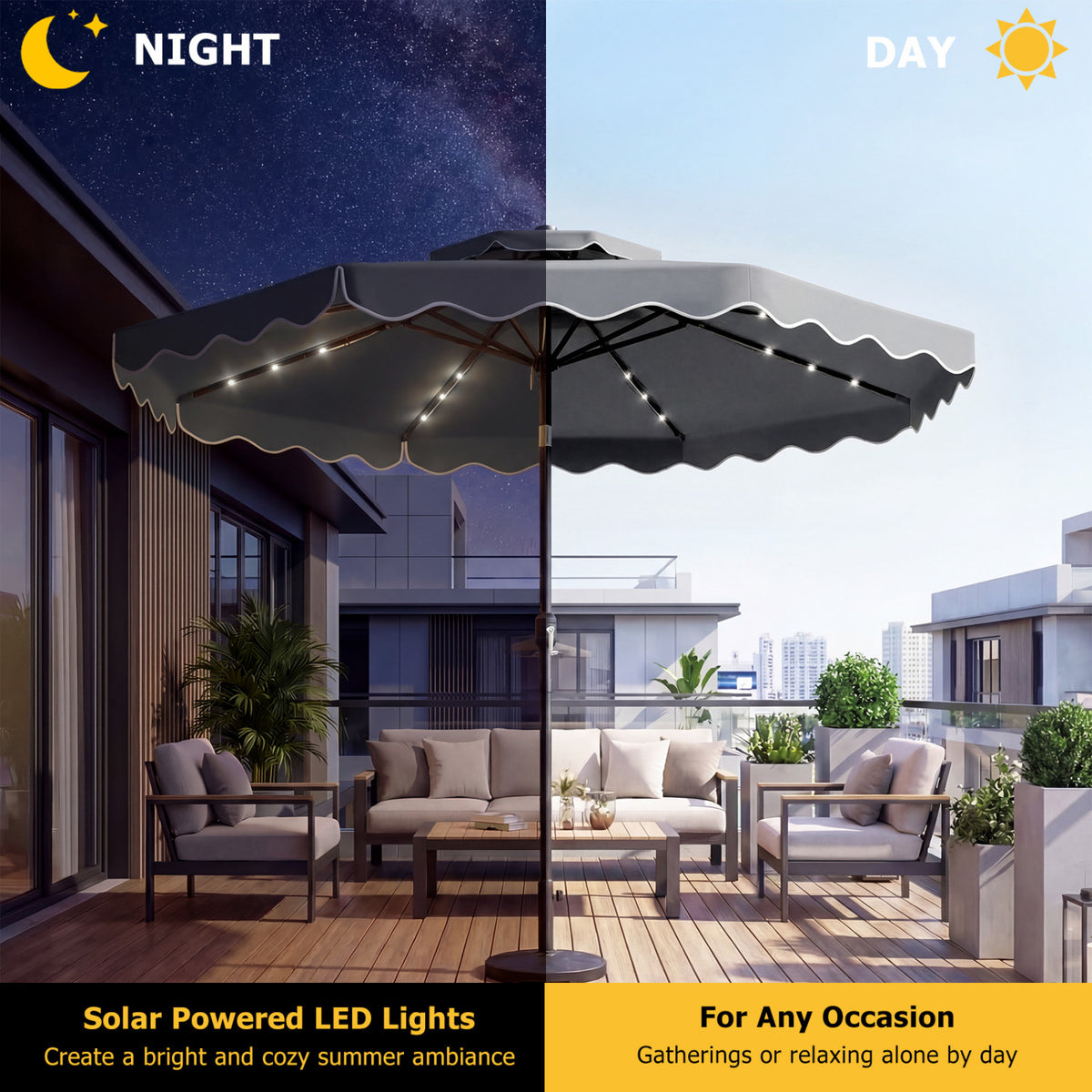 10 FT Solar LED Patio Umbrella for Deck and Pool-Gray
