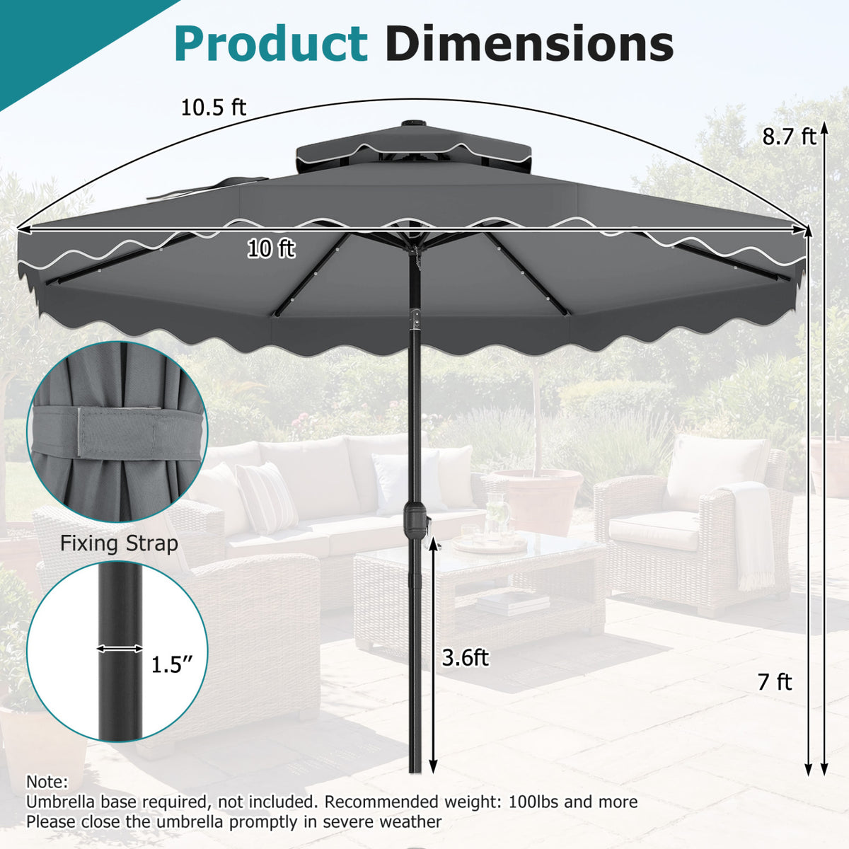 10 FT Solar LED Patio Umbrella for Deck and Pool-Gray