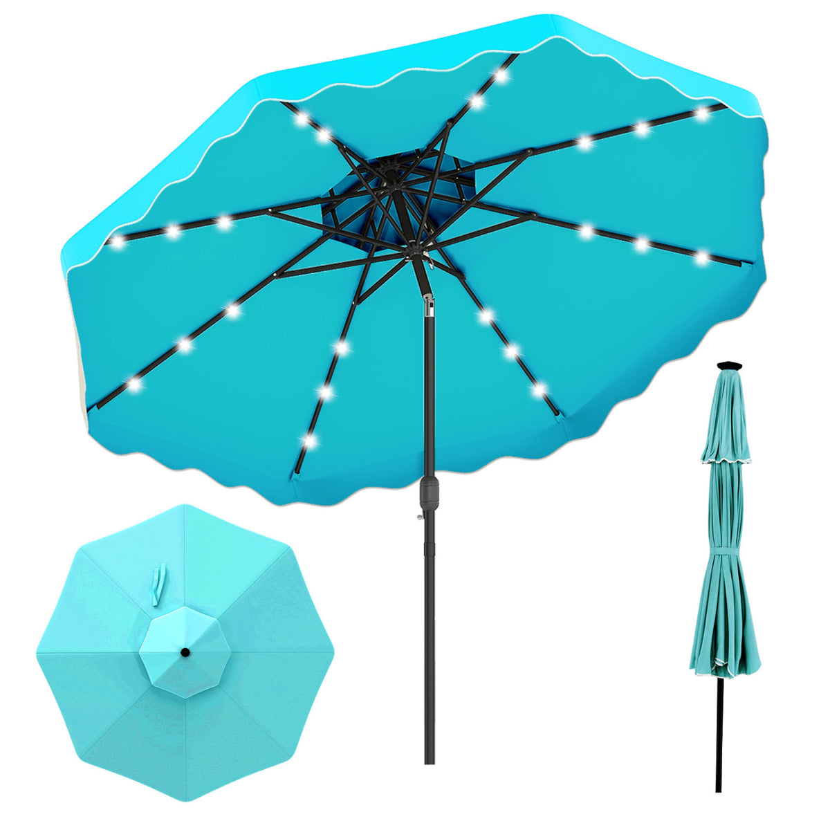 10 FT Solar LED Patio Umbrella for Deck and Pool-Turquoise