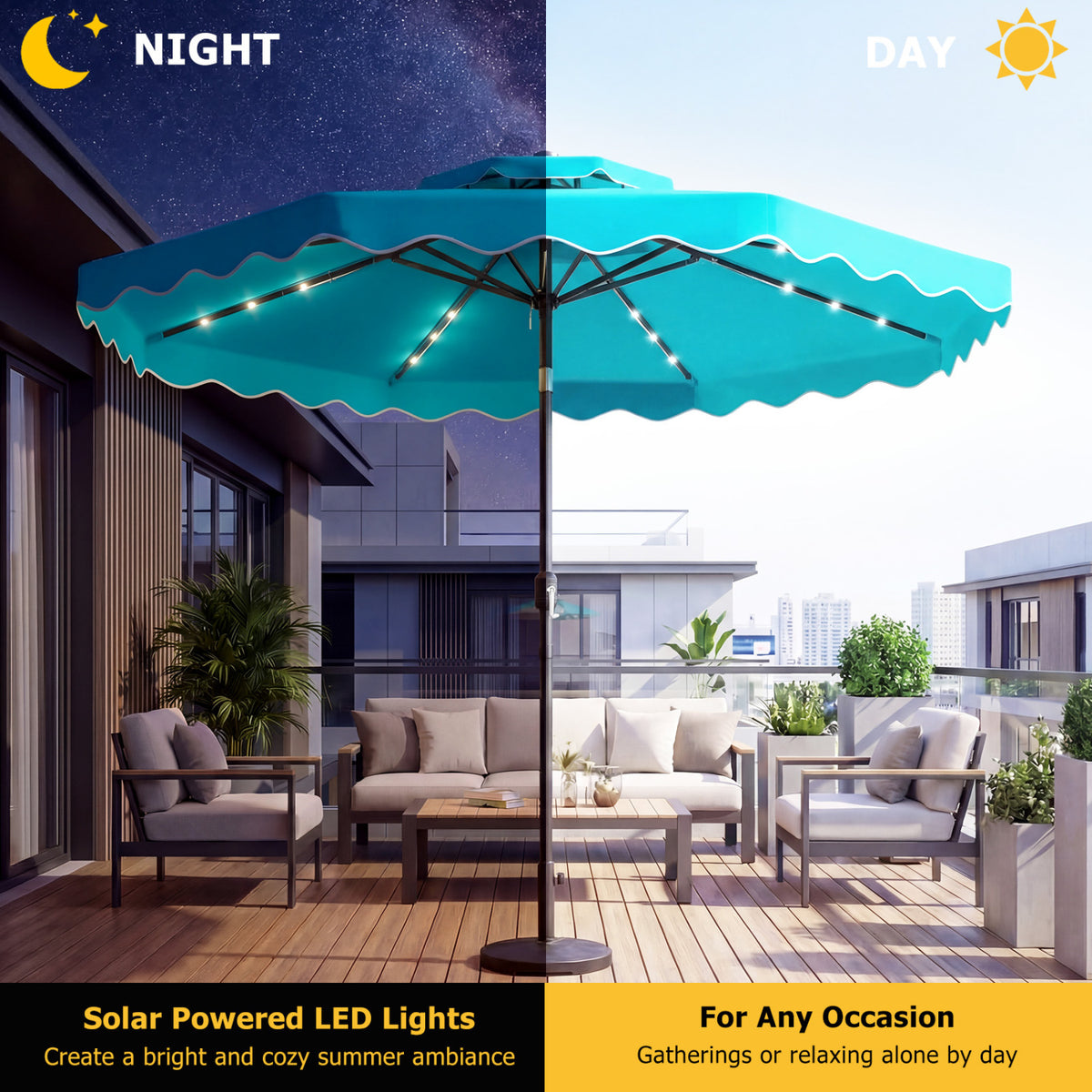 10 FT Solar LED Patio Umbrella for Deck and Pool-Turquoise