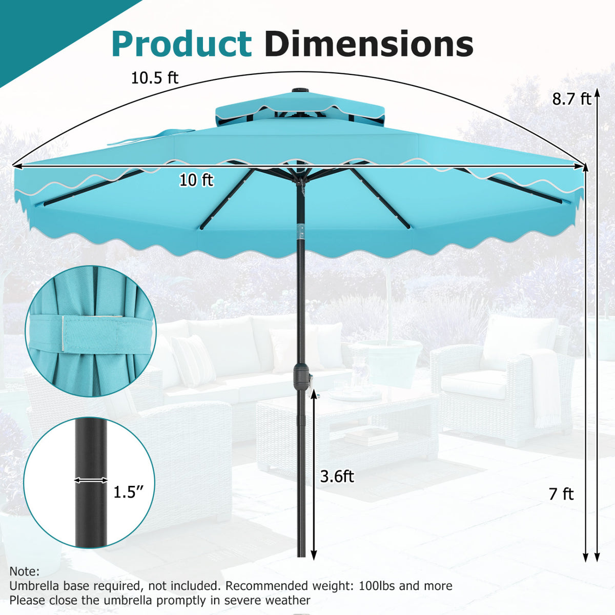 10 FT Solar LED Patio Umbrella for Deck and Pool-Turquoise