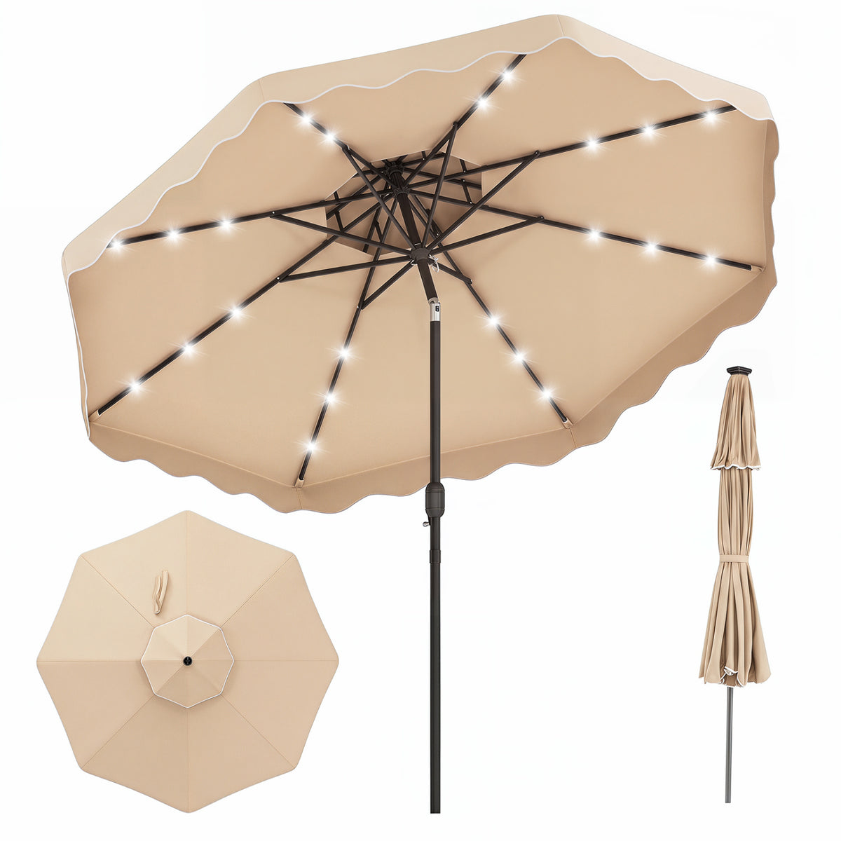 10 FT Solar LED Patio Umbrella for Deck and Pool-Beige