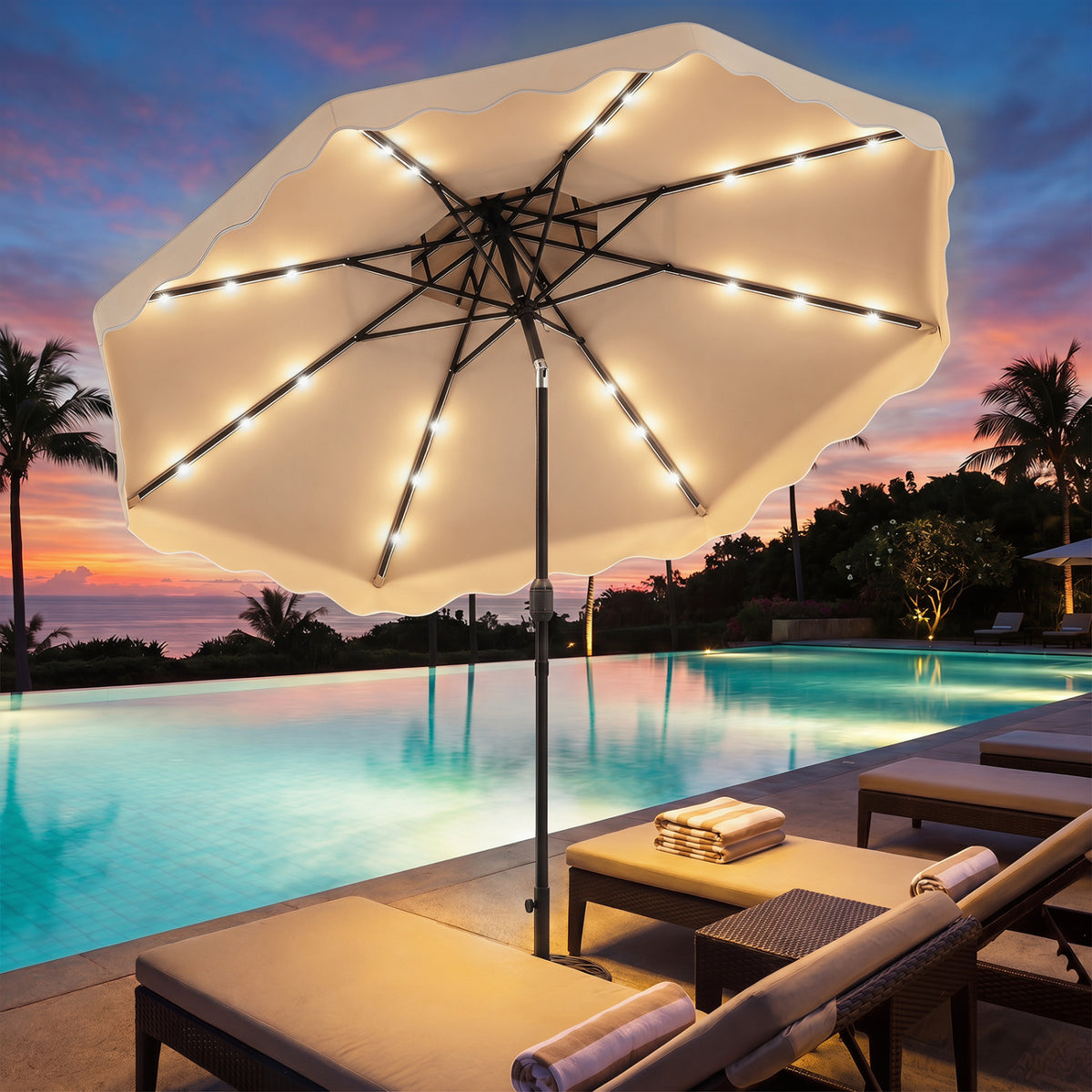 10 FT Solar LED Patio Umbrella for Deck and Pool-Beige