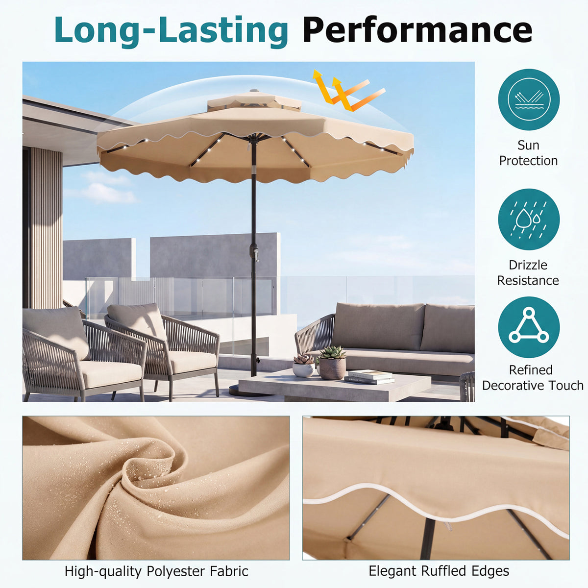 10 FT Solar LED Patio Umbrella for Deck and Pool-Beige