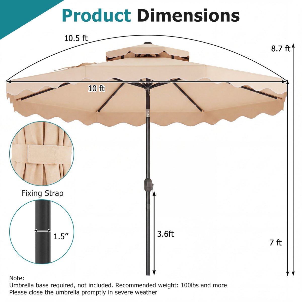 10 FT Solar LED Patio Umbrella for Deck and Pool-Beige
