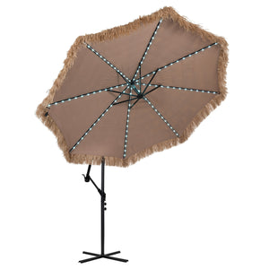 10 FT Solar Thatched Cantilever Umbrella with 96 Multi-color Flowing Lights and 12 Modes-Brown