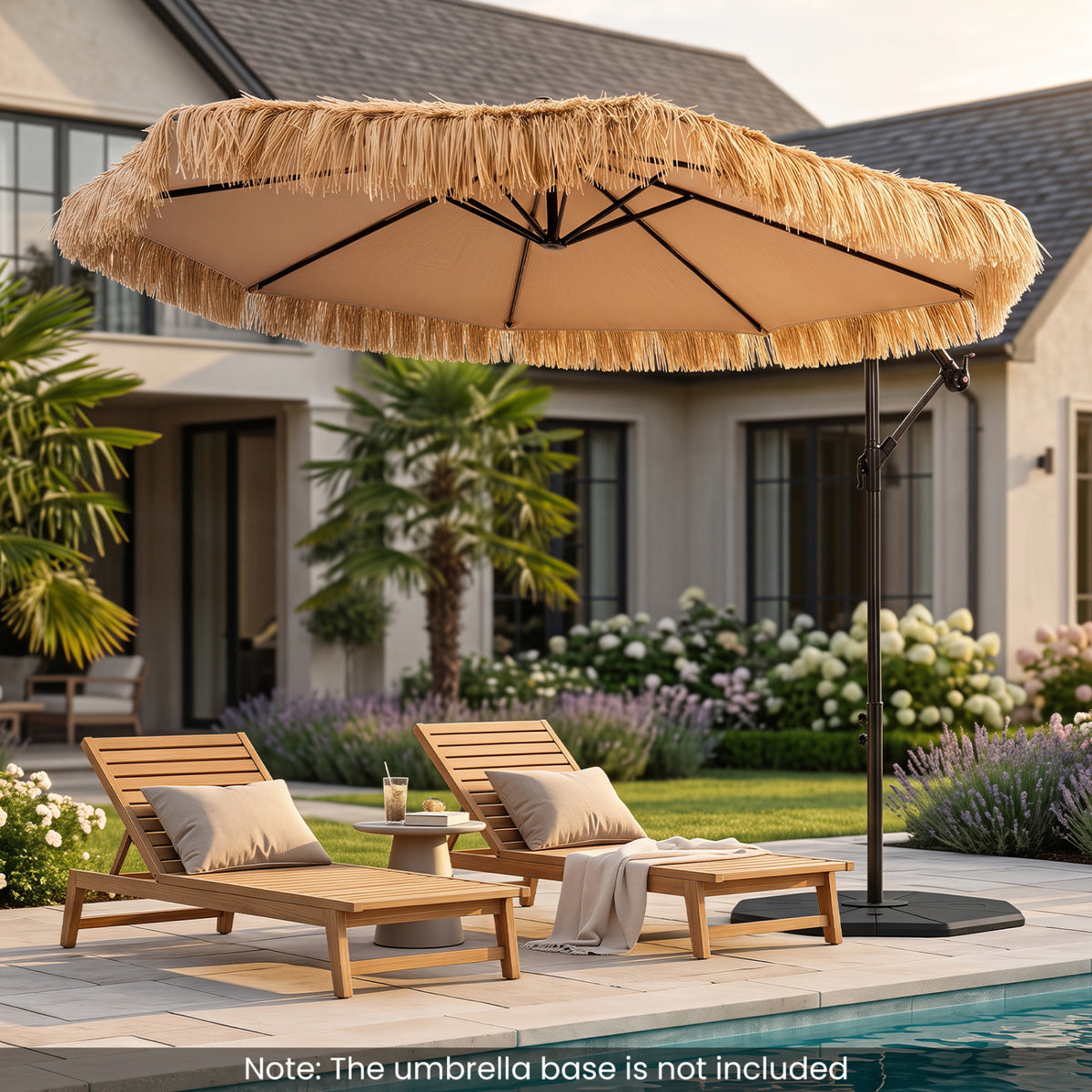 10 FT Solar Thatched Cantilever Umbrella with 12 Modes and Crank Lift-Brown