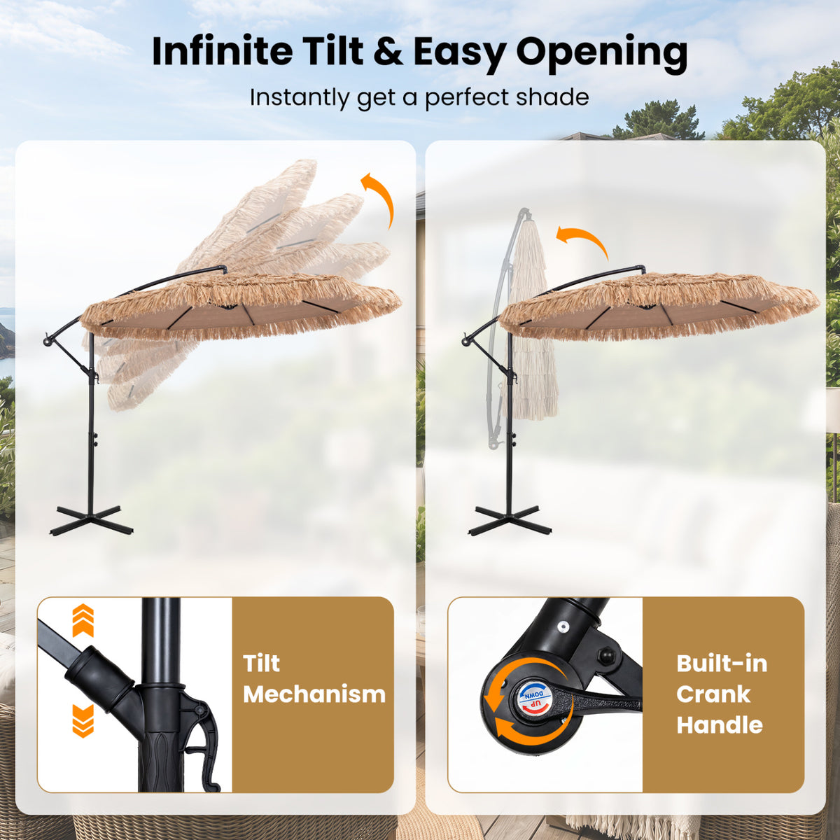 10 FT Solar Thatched Cantilever Umbrella with 12 Modes and Crank Lift-Brown