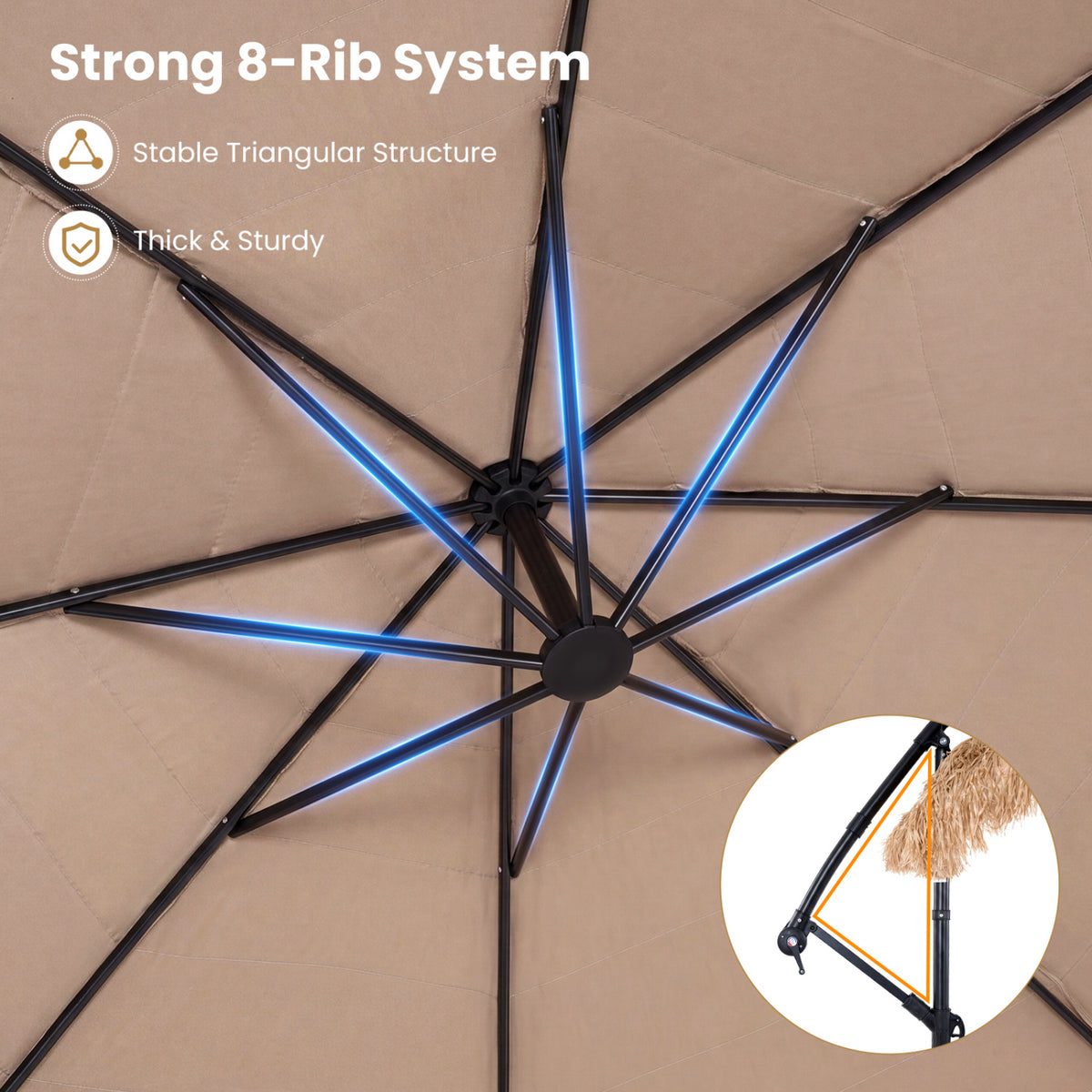 10 FT Solar Thatched Cantilever Umbrella with 12 Modes and Crank Lift-Brown