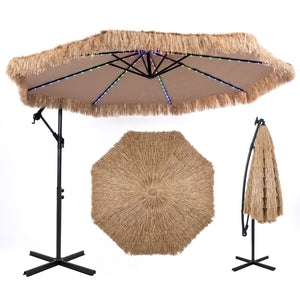 10 FT Solar Thatched Cantilever Umbrella with 96 Multi-color Flowing Lights and 12 Modes-Brown