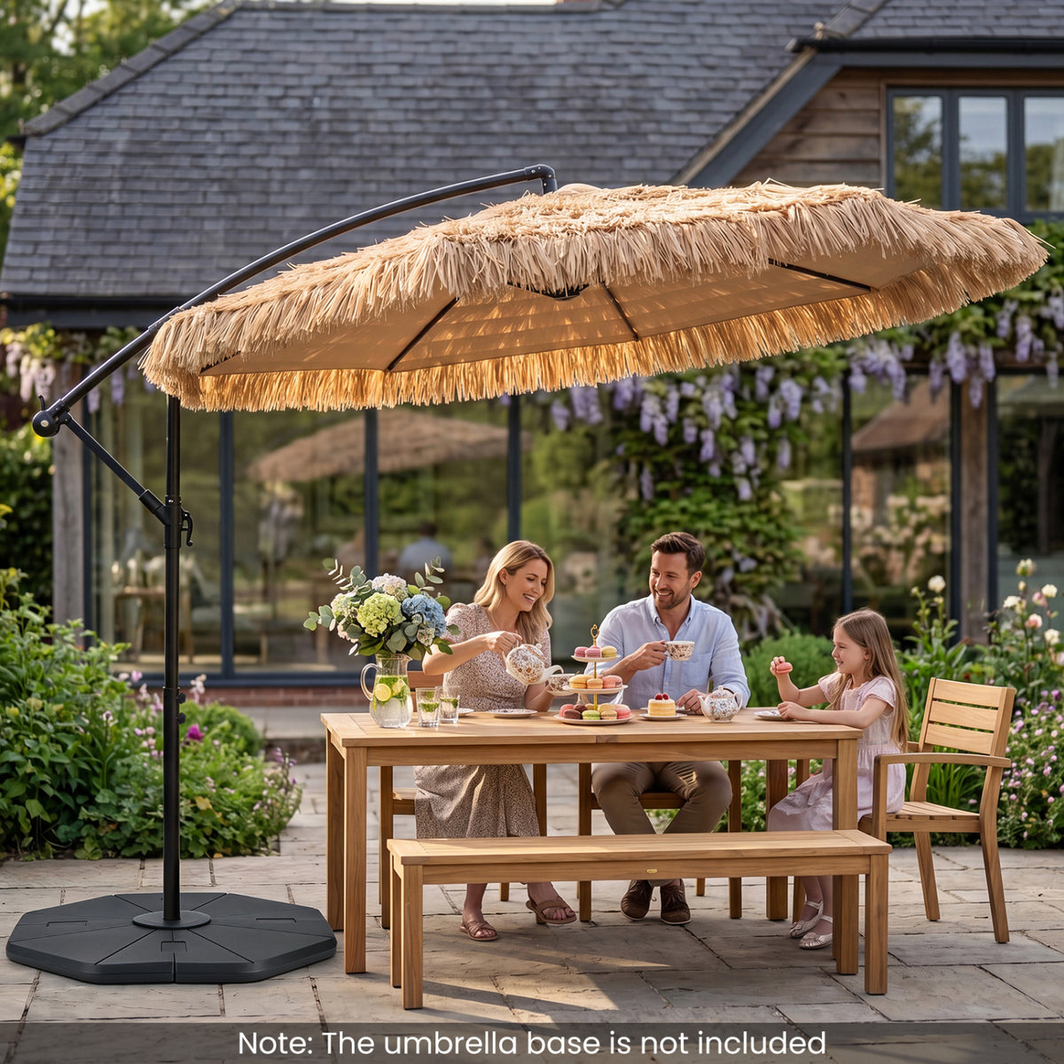 10 FT Solar Thatched Cantilever Umbrella with 96 Multi-color Flowing Lights and 12 Modes-Brown