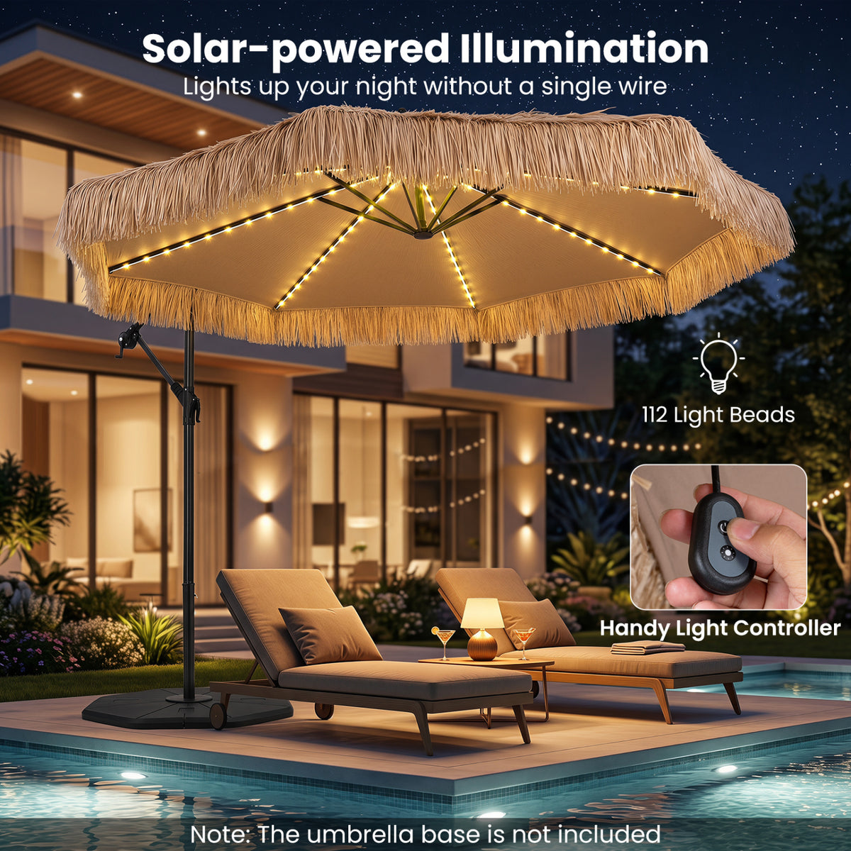 10 FT Solar Thatched Cantilever Umbrella with 96 Multi-color Flowing Lights and 12 Modes-Brown