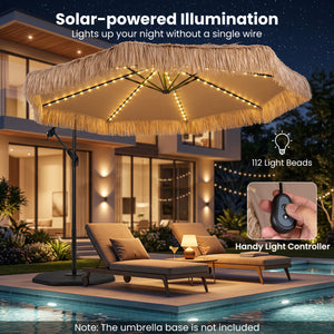 10 FT Solar Thatched Cantilever Umbrella with 96 Multi-color Flowing Lights and 12 Modes-Brown