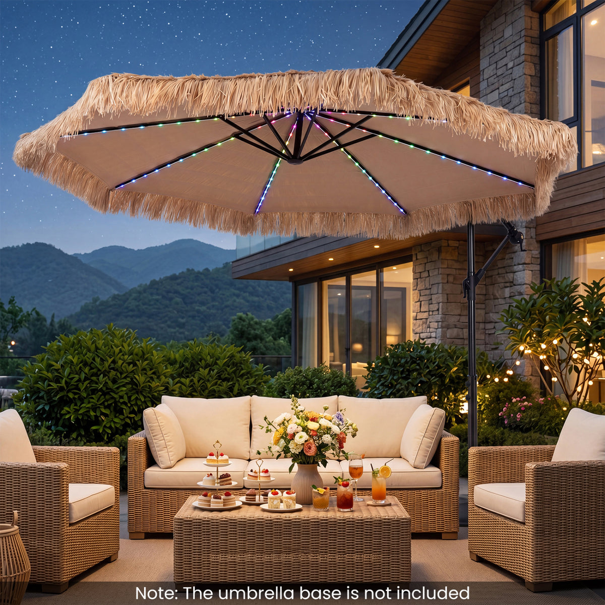 10 FT Solar Thatched Cantilever Umbrella with 96 Multi-color Flowing Lights and 12 Modes-Brown