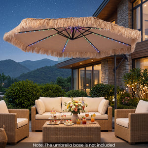 10 FT Solar Thatched Cantilever Umbrella with 96 Multi-color Flowing Lights and 12 Modes-Brown