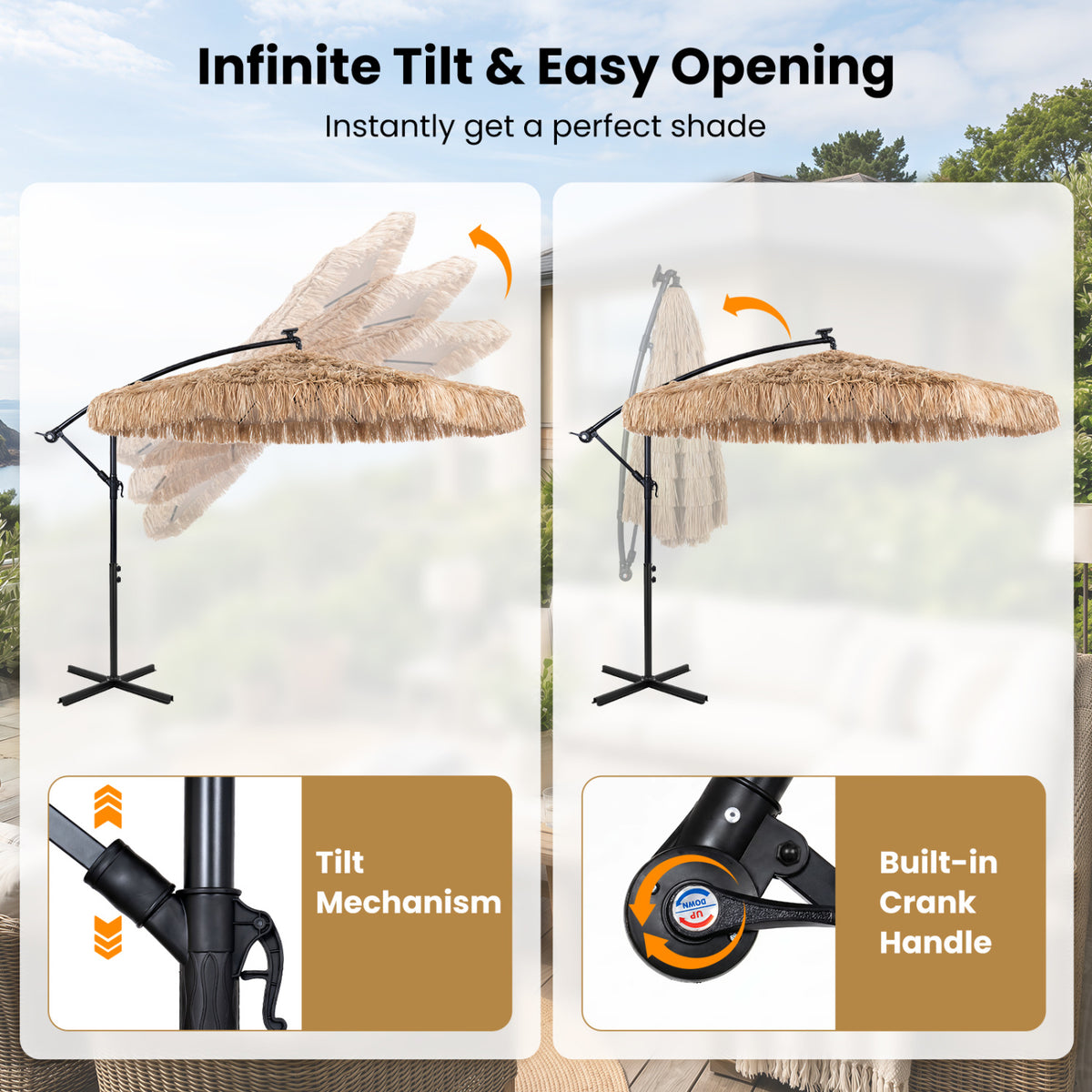 10 FT Solar Thatched Cantilever Umbrella with 96 Multi-color Flowing Lights and 12 Modes-Brown