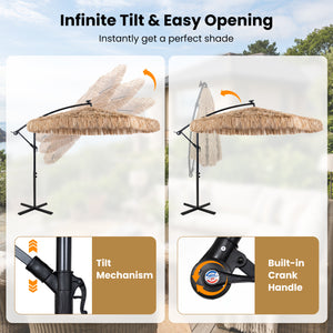 10 FT Solar Thatched Cantilever Umbrella with 96 Multi-color Flowing Lights and 12 Modes-Brown