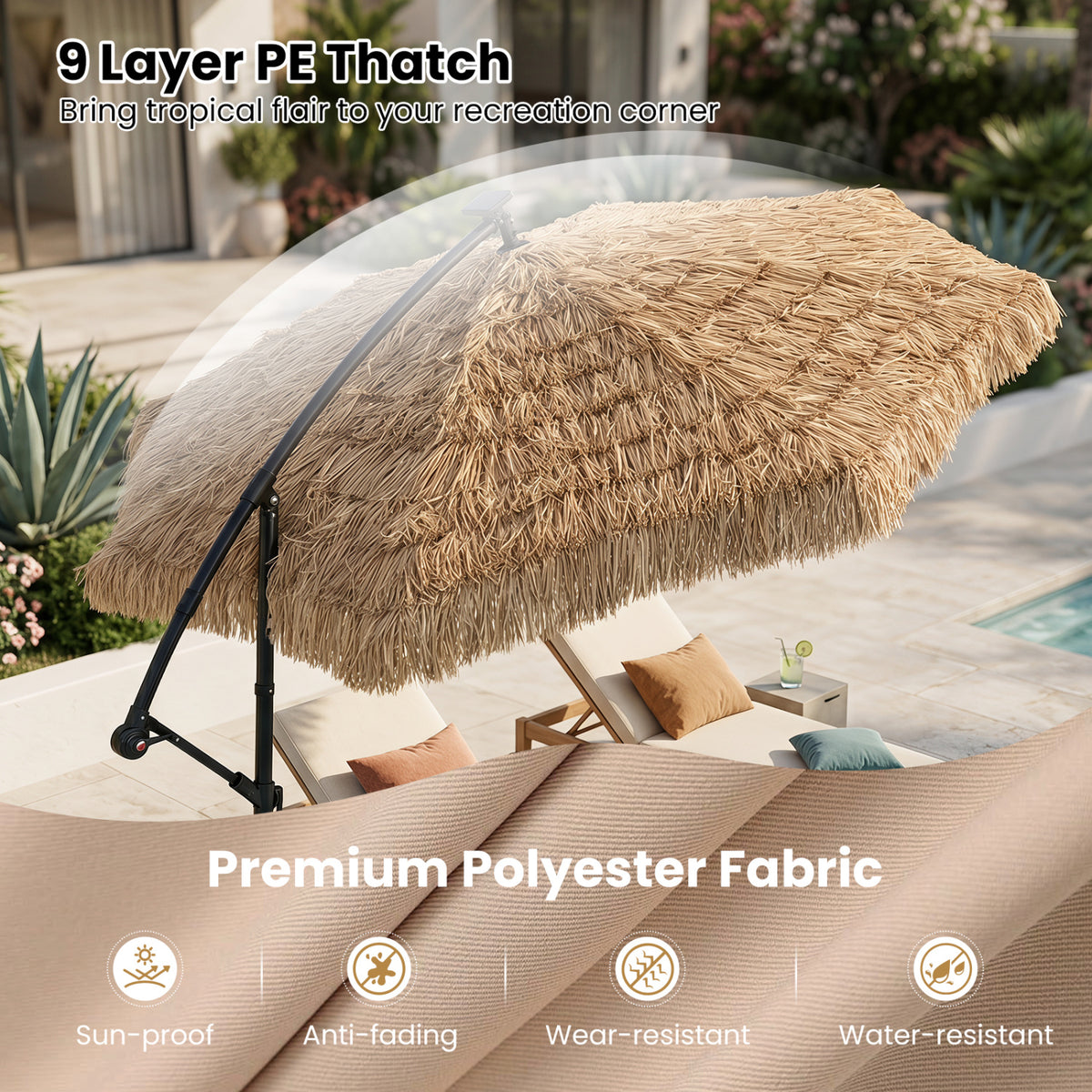10 FT Solar Thatched Cantilever Umbrella with 96 Multi-color Flowing Lights and 12 Modes-Brown