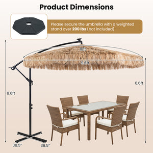 10 FT Solar Thatched Cantilever Umbrella with 96 Multi-color Flowing Lights and 12 Modes-Brown