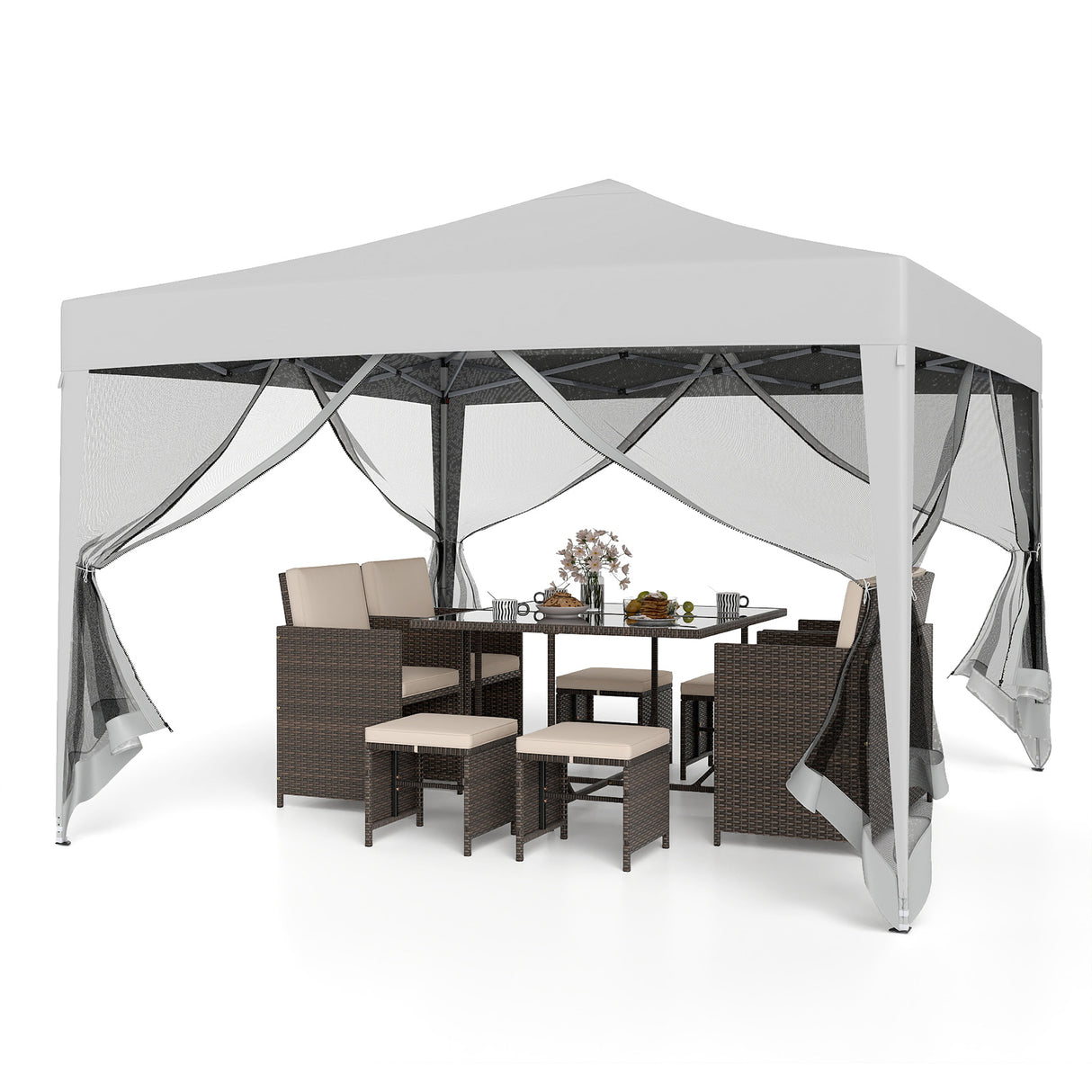 10 FT x 10 FT Pop-Up Canopy Tent Easy Setup Instant Folding Shelter with Mesh Netting-Beige