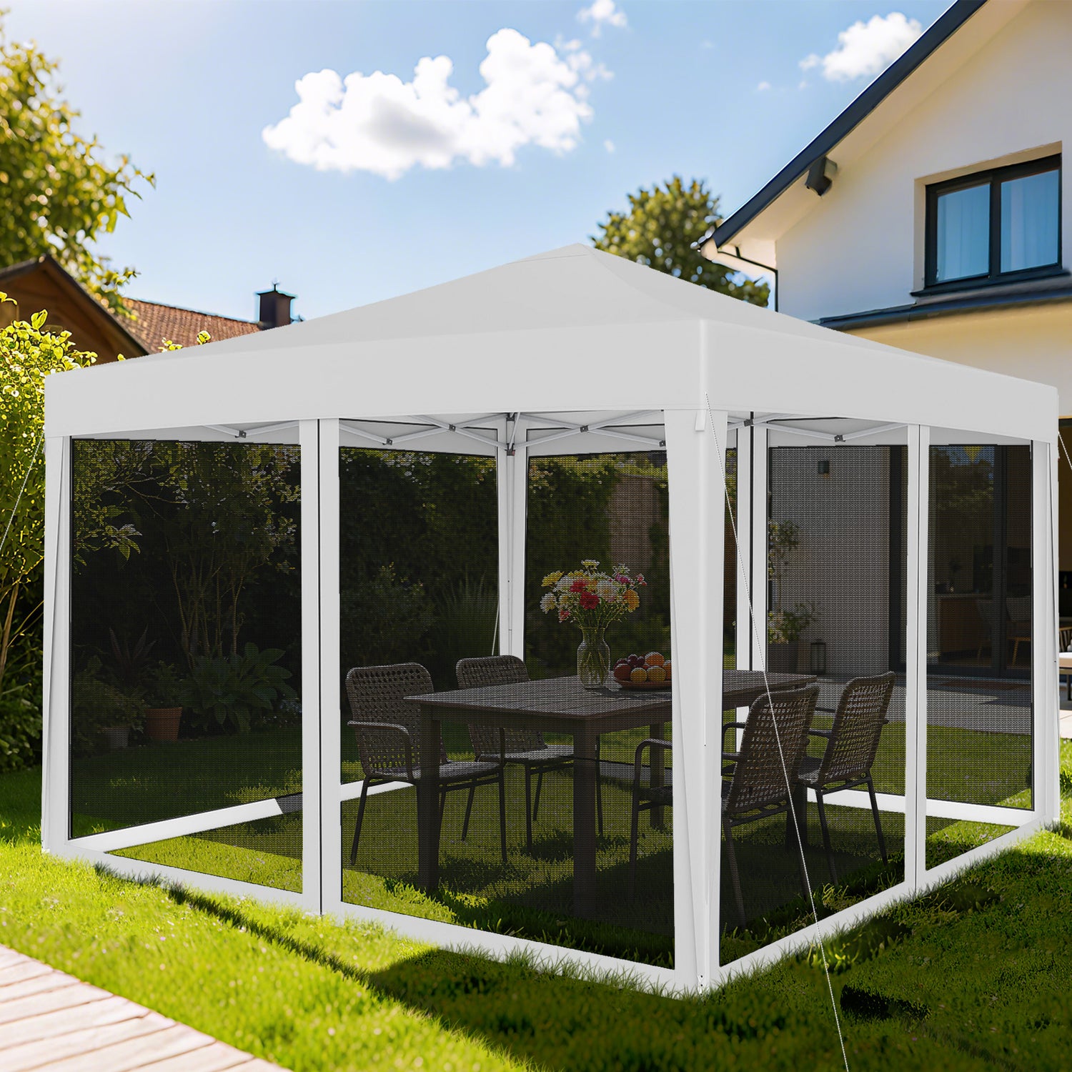 10 FT x 10 FT Pop-Up Canopy Tent Easy Setup Instant Folding Shelter with Mesh Netting-Beige