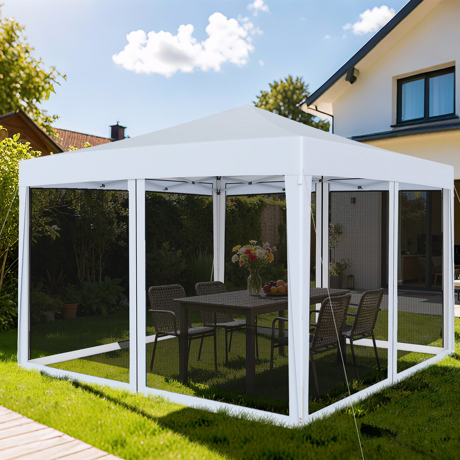 10 FT x 10 FT Pop-Up Canopy Tent Easy Setup Instant Folding Shelter with Mesh Netting-White