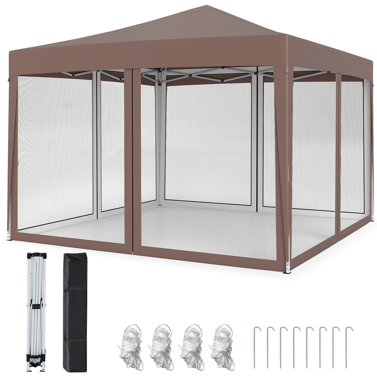 10 FT x 10 FT Pop-Up Canopy Tent Easy Setup Instant Folding Shelter with Mesh Netting-Coffee