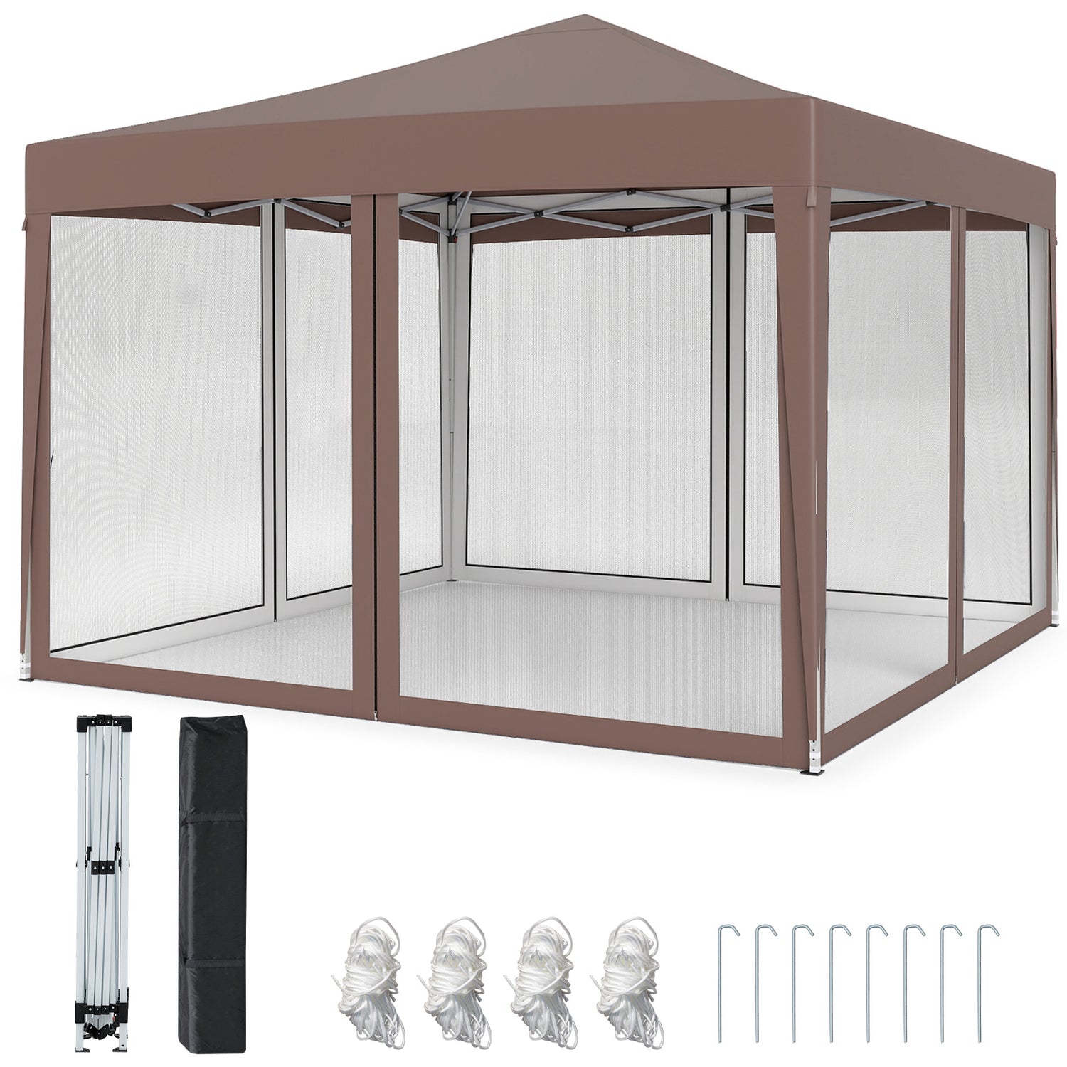 10 FT x 10 FT Pop-Up Canopy Tent Easy Setup Instant Folding Shelter with Mesh Netting-Coffee