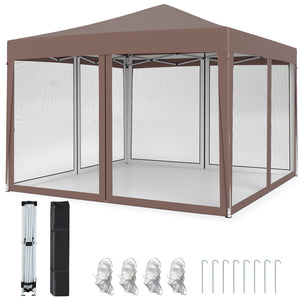 10 FT x 10 FT Pop-Up Canopy Tent Easy Setup Instant Folding Shelter with Mesh Netting-Coffee