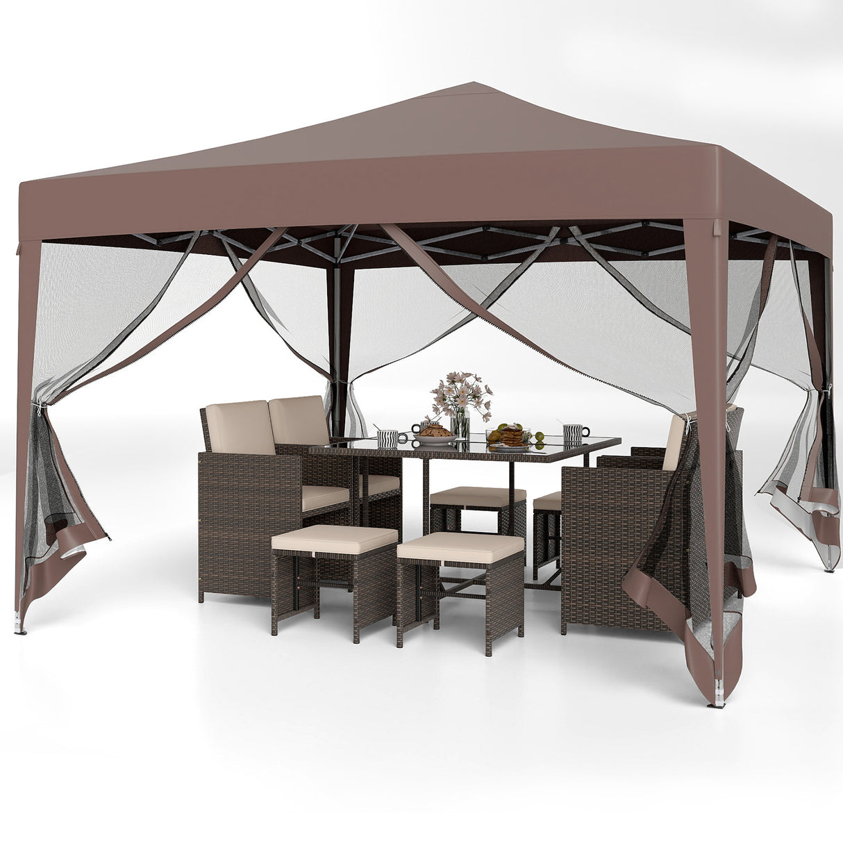 10 FT x 10 FT Pop-Up Canopy Tent Easy Setup Instant Folding Shelter with Mesh Netting-Coffee