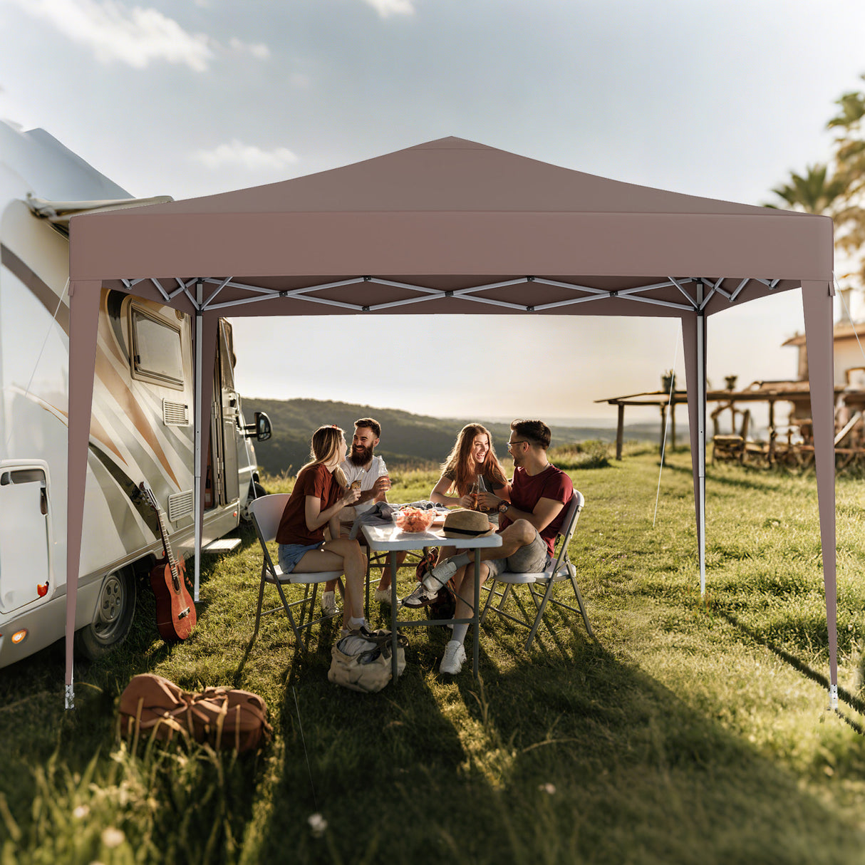 10 FT x 10 FT Pop-Up Canopy Tent Easy Setup Instant Folding Shelter with Mesh Netting-Coffee